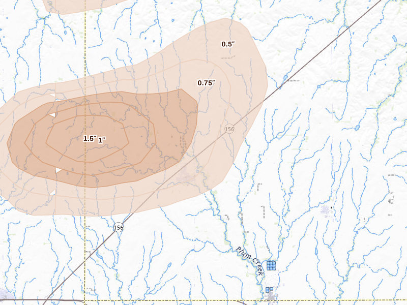 Radar-estimated hail-size map of the storm over Holyrood, KS on Jul 9, 2026