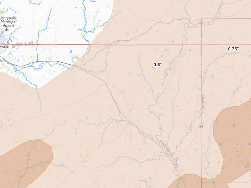 Radar-estimated hail-size map of the storm over Home, KS on May 18, 2026