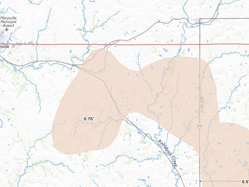 Radar-estimated hail-size map of the storm over Home, KS on Jul 8, 2026