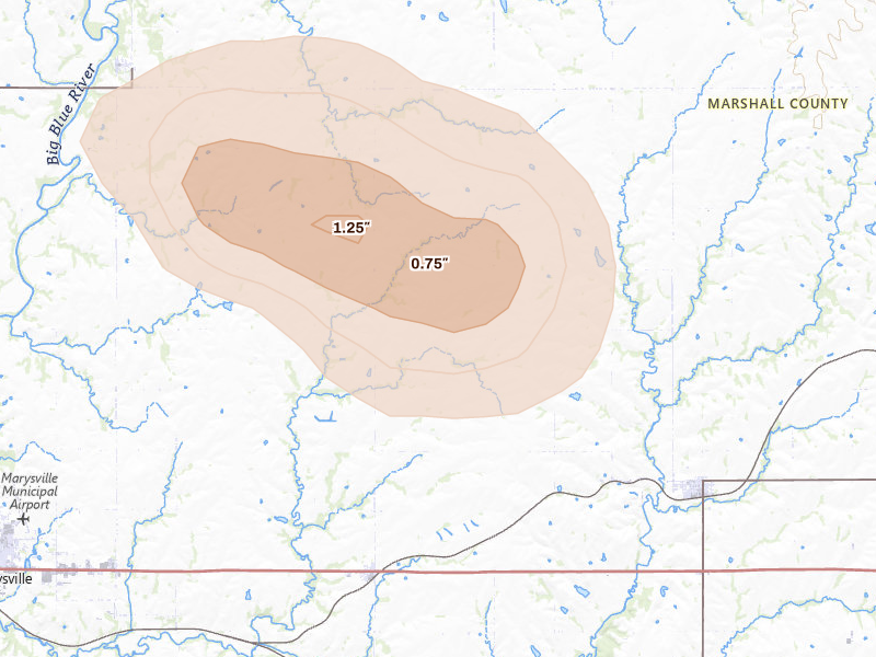 Radar-estimated hail-size map of the storm over Home, KS on Aug 6, 2026