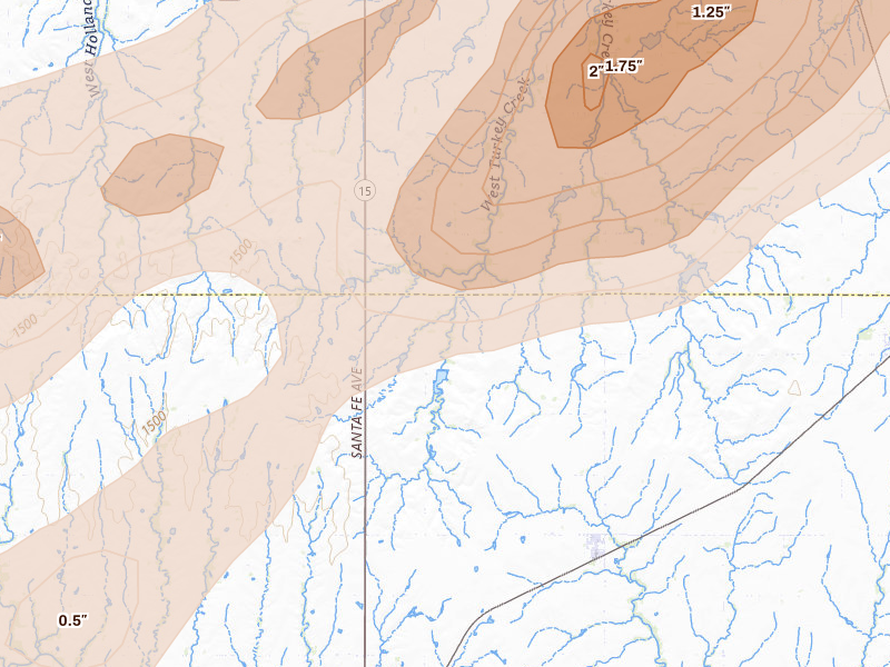 Radar-estimated hail-size map of the storm over Hope, KS on Apr 23, 2026