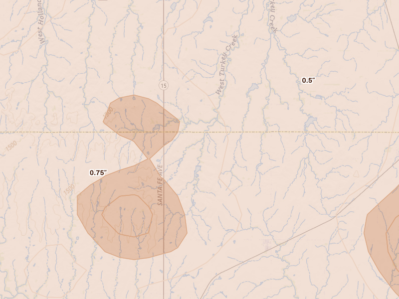 Radar-estimated hail-size map of the storm over Hope, KS on Apr 26, 2026