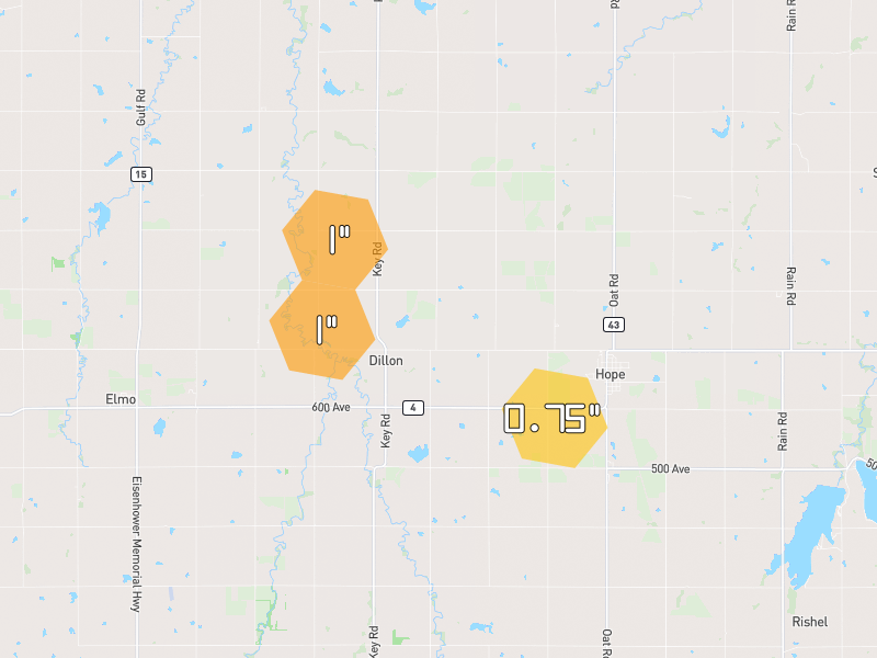 Hail map of Hope, KS on Jun 3, 2026, hail up to 1"