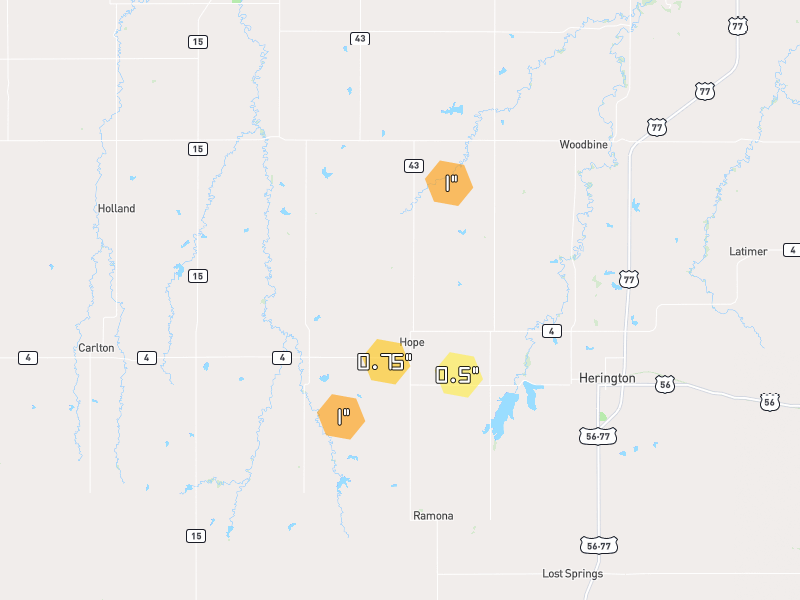Hail map of Hope, KS on Jun 4, 2026, hail up to 1"
