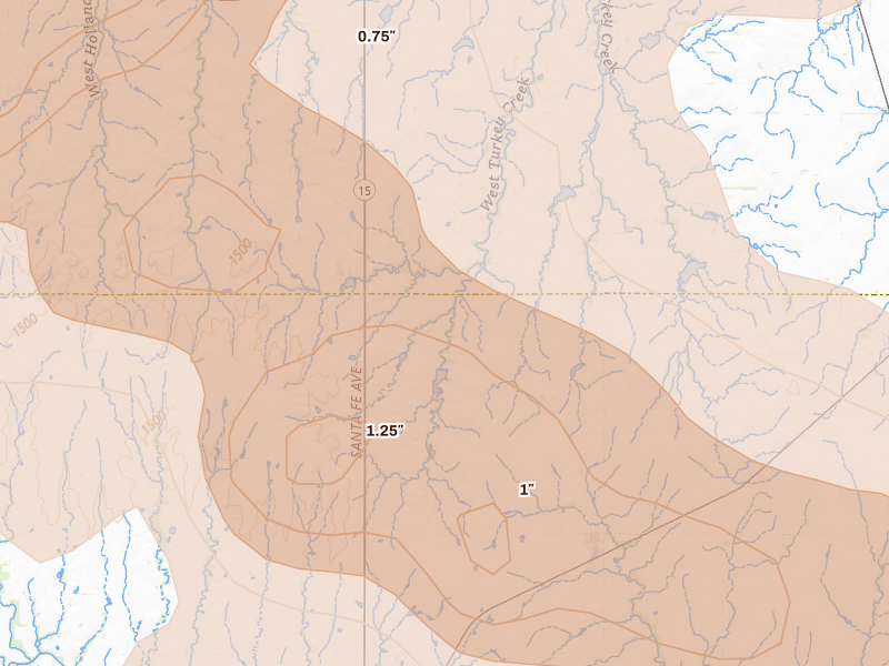 Radar-estimated hail-size map of the storm over Hope, KS on Jun 8, 2026