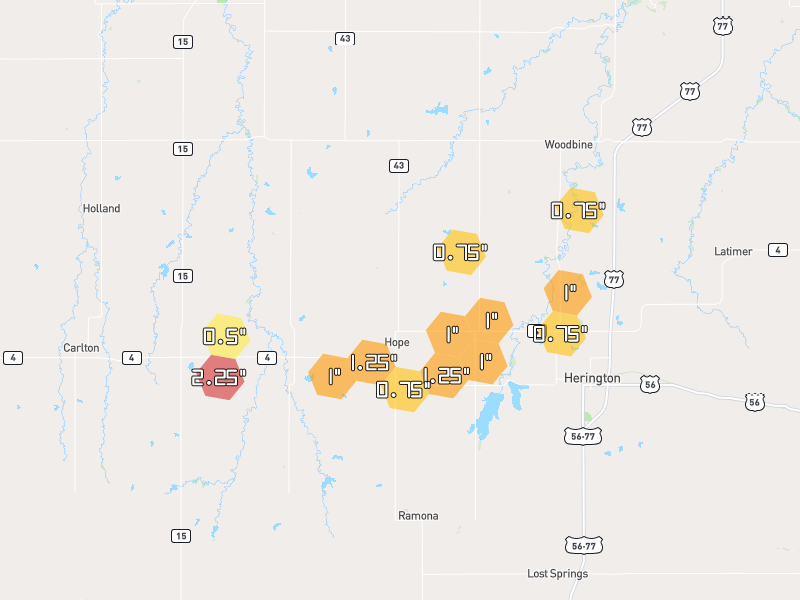 Hail map of Hope, KS on Jun 9, 2026, hail up to 2.25"