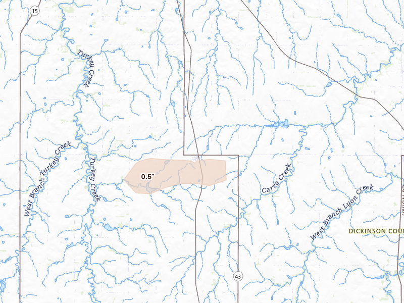 Radar-estimated hail-size map of the storm over Hope, KS on Jul 4, 2026