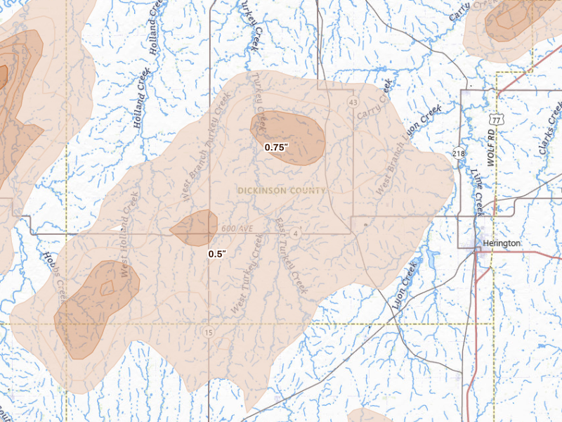 Radar-estimated hail-size map of the storm over Hope, KS on Sep 19, 2026