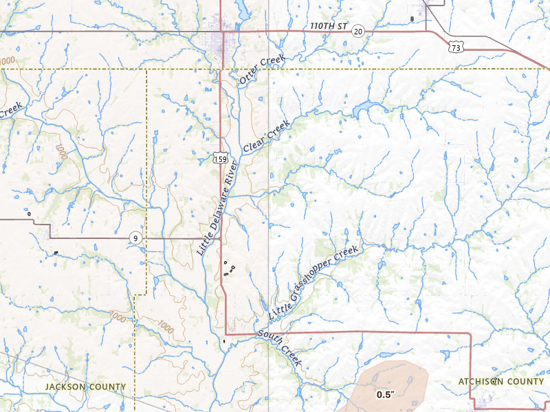 Radar-estimated hail-size map of the storm over Horton, KS on Mar 5, 2026