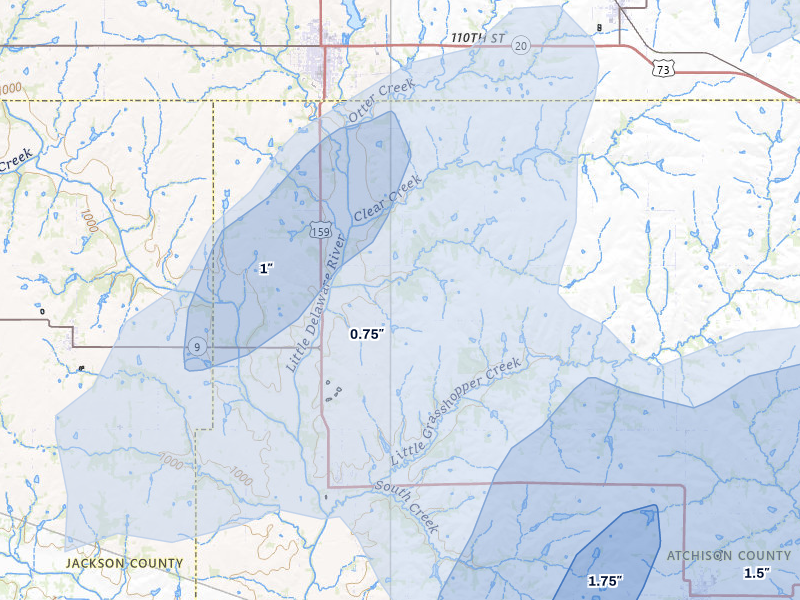 NEXRAD radar-signature map of the hail storm over Horton, KS on Mar 5, 2026