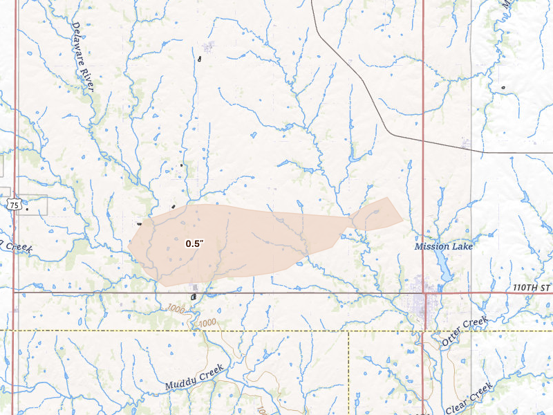 Radar-estimated hail-size map of the storm over Horton, KS on Mar 31, 2026