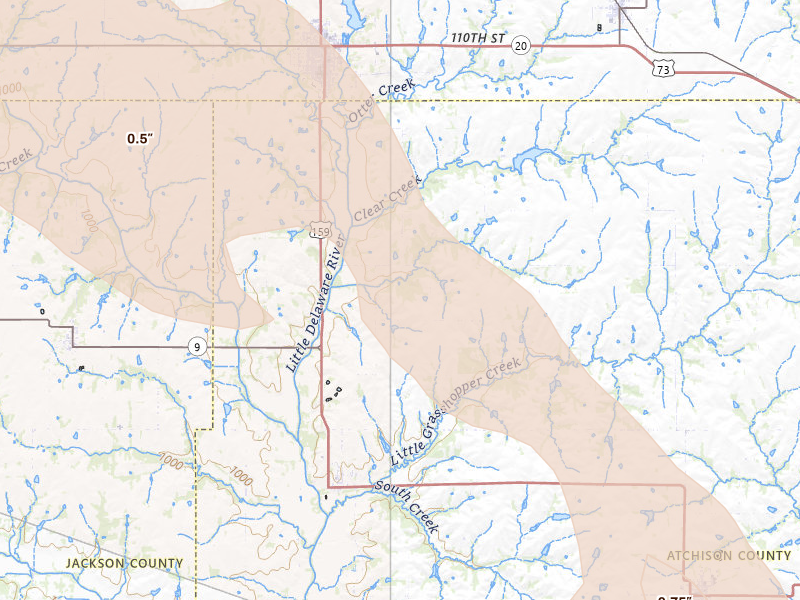 Radar-estimated hail-size map of the storm over Horton, KS on Aug 21, 2026