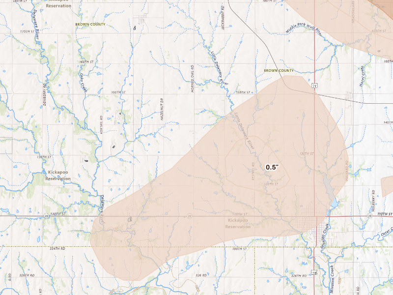 Radar-estimated hail-size map of the storm over Horton, KS on Sep 19, 2026
