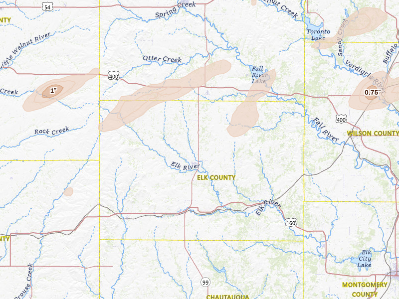 Radar-estimated hail-size map of the storm over Howard, KS on Mar 31, 2026