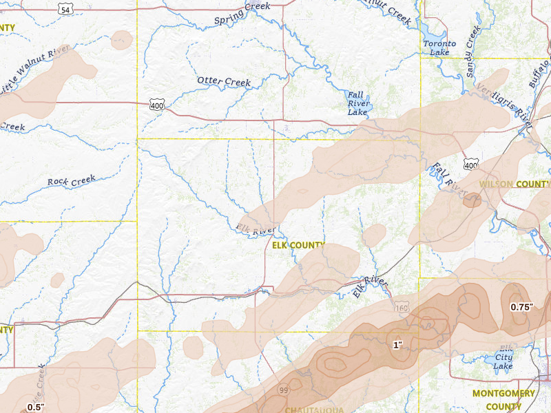 Radar-estimated hail-size map of the storm over Howard, KS on Apr 17, 2026