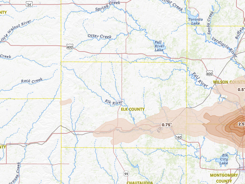 Radar-estimated hail-size map of the storm over Howard, KS on Apr 26, 2026