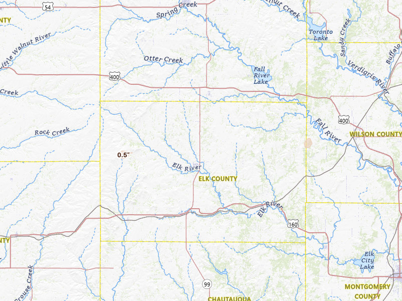 Radar-estimated hail-size map of the storm over Howard, KS on May 23, 2026