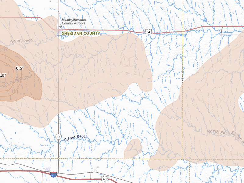 Radar-estimated hail-size map of the storm over Hoxie, KS on May 16, 2026