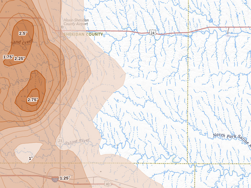 Radar-estimated hail-size map of the storm over Hoxie, KS on Jun 20, 2026