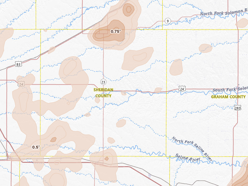 Radar-estimated hail-size map of the storm over Hoxie, KS on Aug 13, 2026