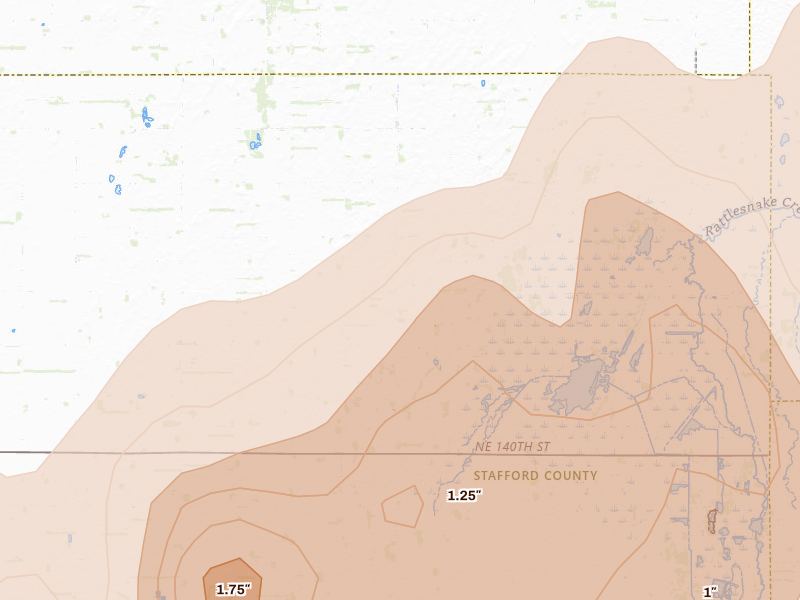 Radar-estimated hail-size map of the storm over Hudson, KS on May 18, 2026