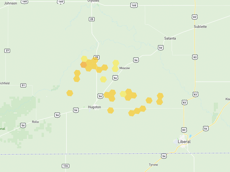 Hail map of Hugoton, KS on Jun 2, 2026, hail up to 1"