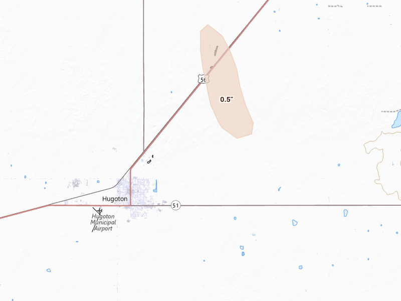 Radar-estimated hail-size map of the storm over Hugoton, KS on Aug 21, 2026