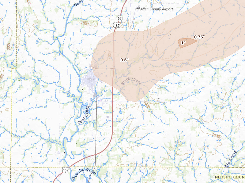 Radar-estimated hail-size map of the storm over Humboldt, KS on Apr 27, 2026