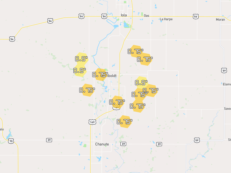 Hail map of Humboldt, KS on Jun 1, 2026, hail up to 0.75"