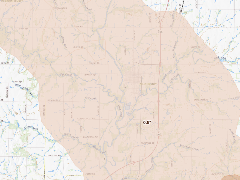 Radar-estimated hail-size map of the storm over Humboldt, KS