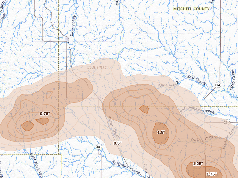 Radar-estimated hail-size map of the storm over Hunter, KS on Apr 9, 2026