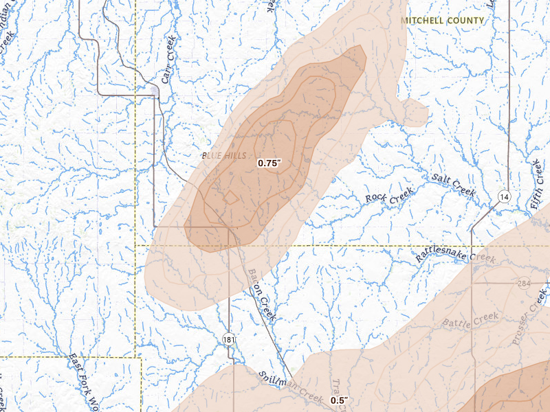 Radar-estimated hail-size map of the storm over Hunter, KS on May 17, 2026