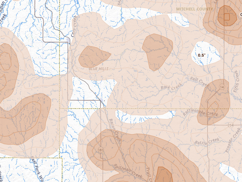 Radar-estimated hail-size map of the storm over Hunter, KS on Jun 8, 2026