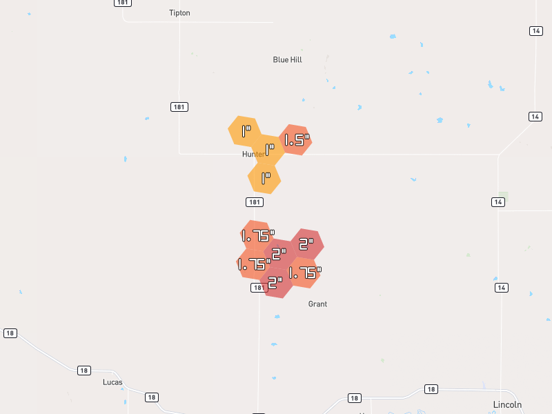 Hail map of Hunter, KS on Jun 9, 2026, hail up to 2"