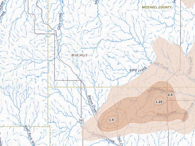 Radar-estimated hail-size map of the storm over Hunter, KS on Jul 3, 2026