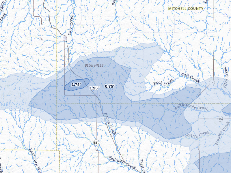 NEXRAD radar-signature map of the hail storm over Hunter, KS on Jul 23, 2026