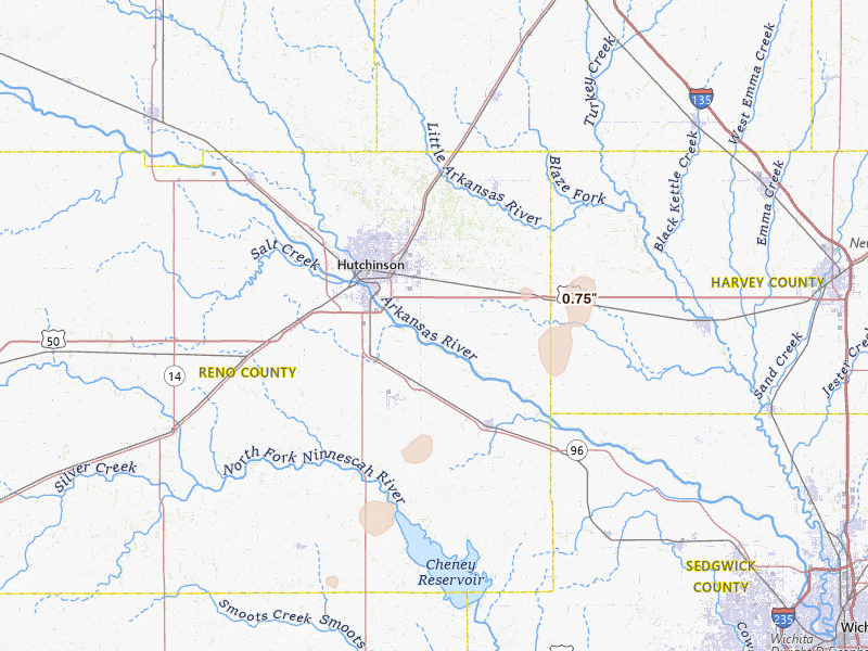 Radar-estimated hail-size map of the storm over Hutchinson, KS on Mar 5, 2026