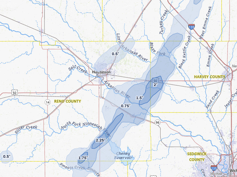 NEXRAD radar-signature map of the hail storm over Hutchinson, KS on Mar 5, 2026