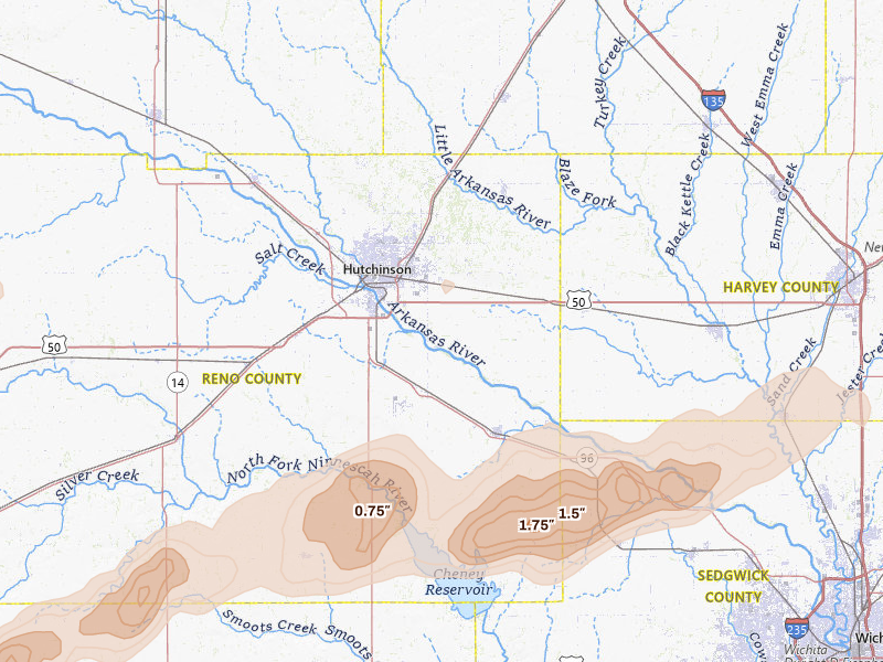 Radar-estimated hail-size map of the storm over Hutchinson, KS on Apr 11, 2026