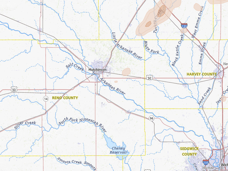 Radar-estimated hail-size map of the storm over Hutchinson, KS on Apr 23, 2026