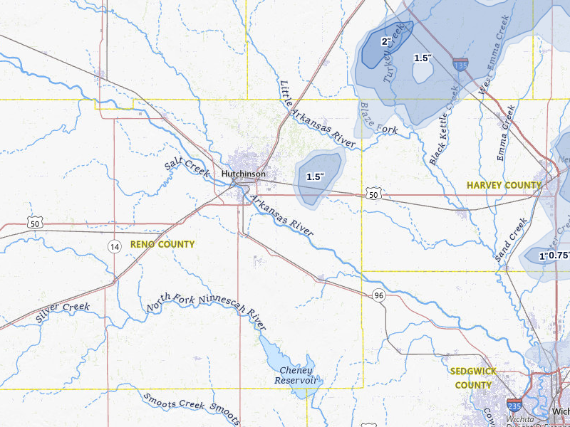 NEXRAD radar-signature map of the hail over Hutchinson, KS
