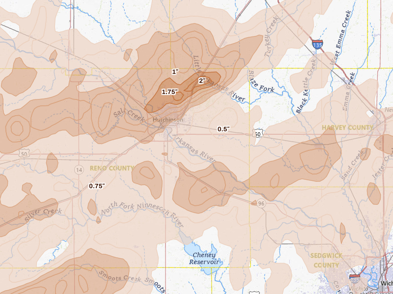 Radar-estimated hail-size map of the storm over Hutchinson, KS on May 18, 2026