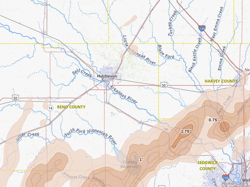 Radar-estimated hail-size map of the storm over Hutchinson, KS on May 30, 2026