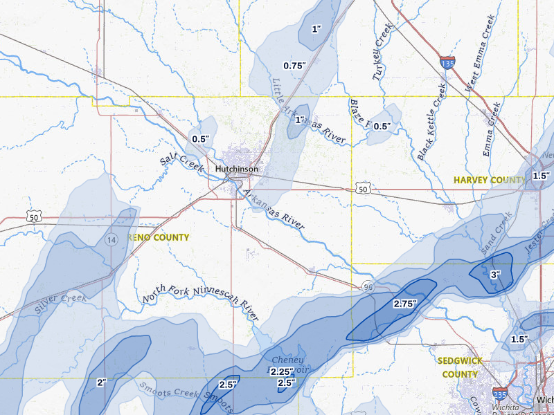 NEXRAD radar-signature map of the hail storm over Hutchinson, KS on May 30, 2026