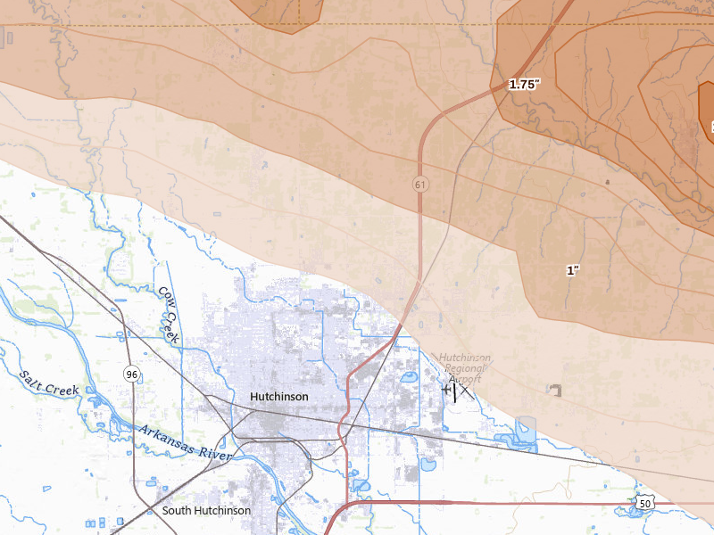 Radar-estimated hail-size map of the storm over Hutchinson, KS on Jun 10, 2026