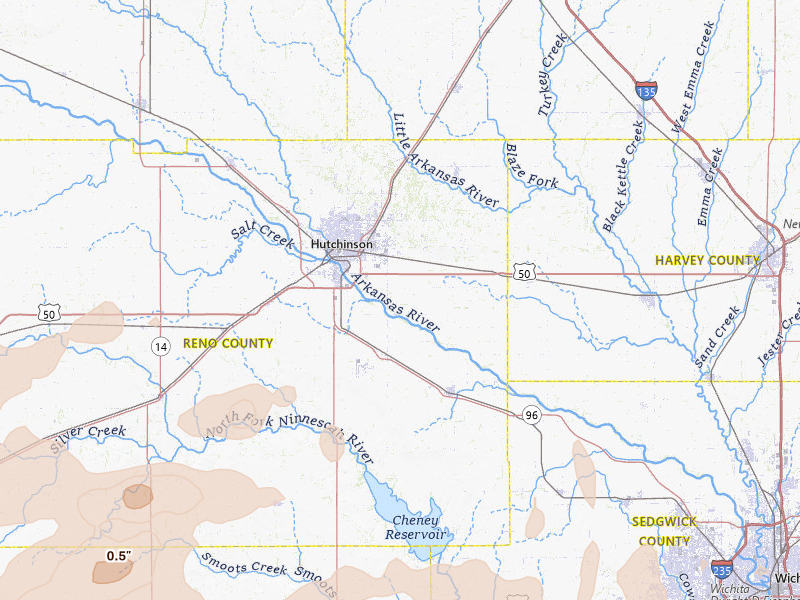 Radar-estimated hail-size map of the storm over Hutchinson, KS on Jun 20, 2026