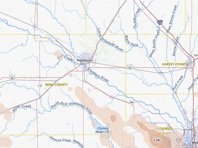 Radar-estimated hail-size map of the storm over Hutchinson, KS on Jun 25, 2026