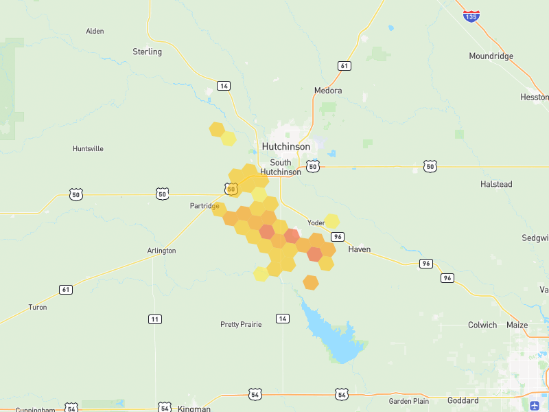 Hail map of Hutchinson, KS on Jun 26, 2026, hail up to 1.5"