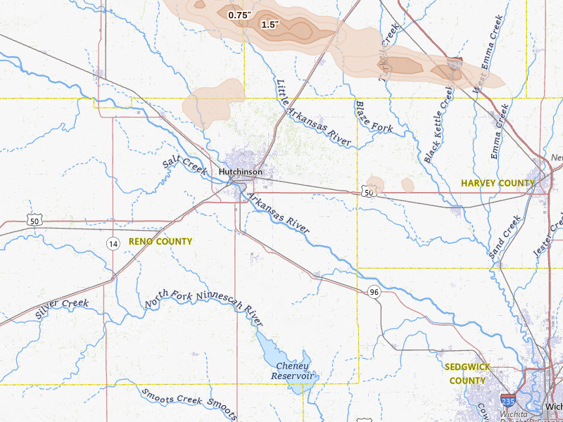 Radar-estimated hail-size map of the storm over Hutchinson, KS on Jul 4, 2026