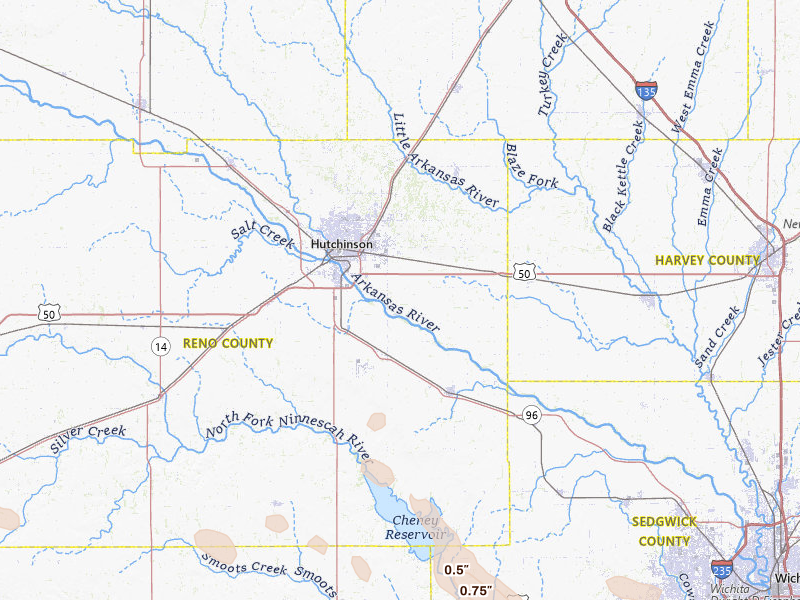 Radar-estimated hail-size map of the storm over Hutchinson, KS on Jul 10, 2026